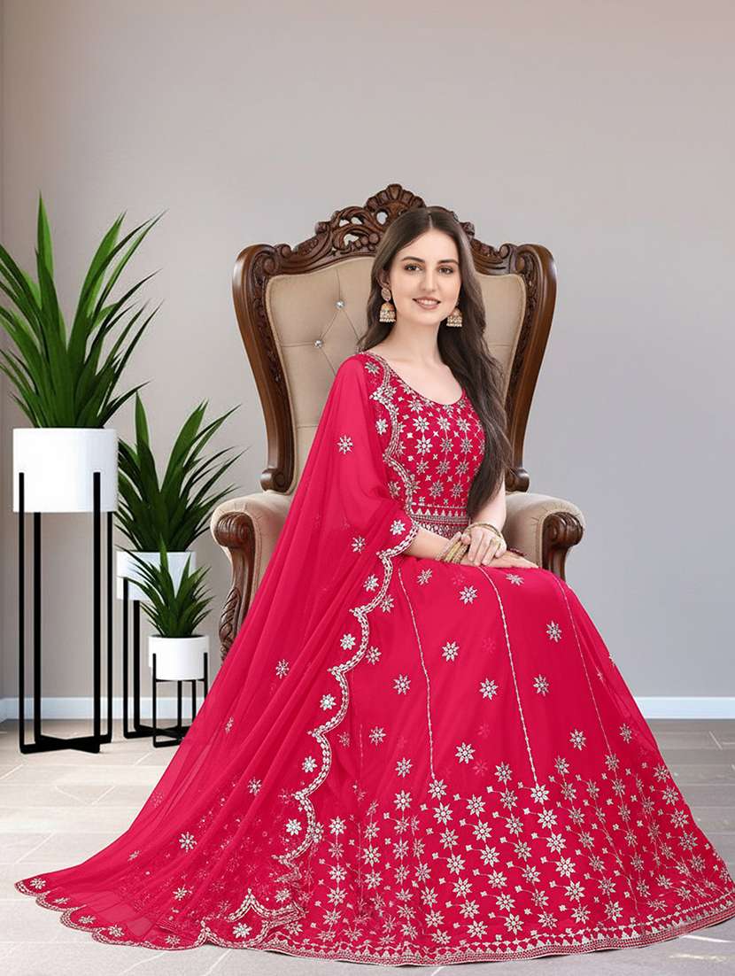 women solid with work semi stitched flared gown - 22271940 -  Standard Image - 1