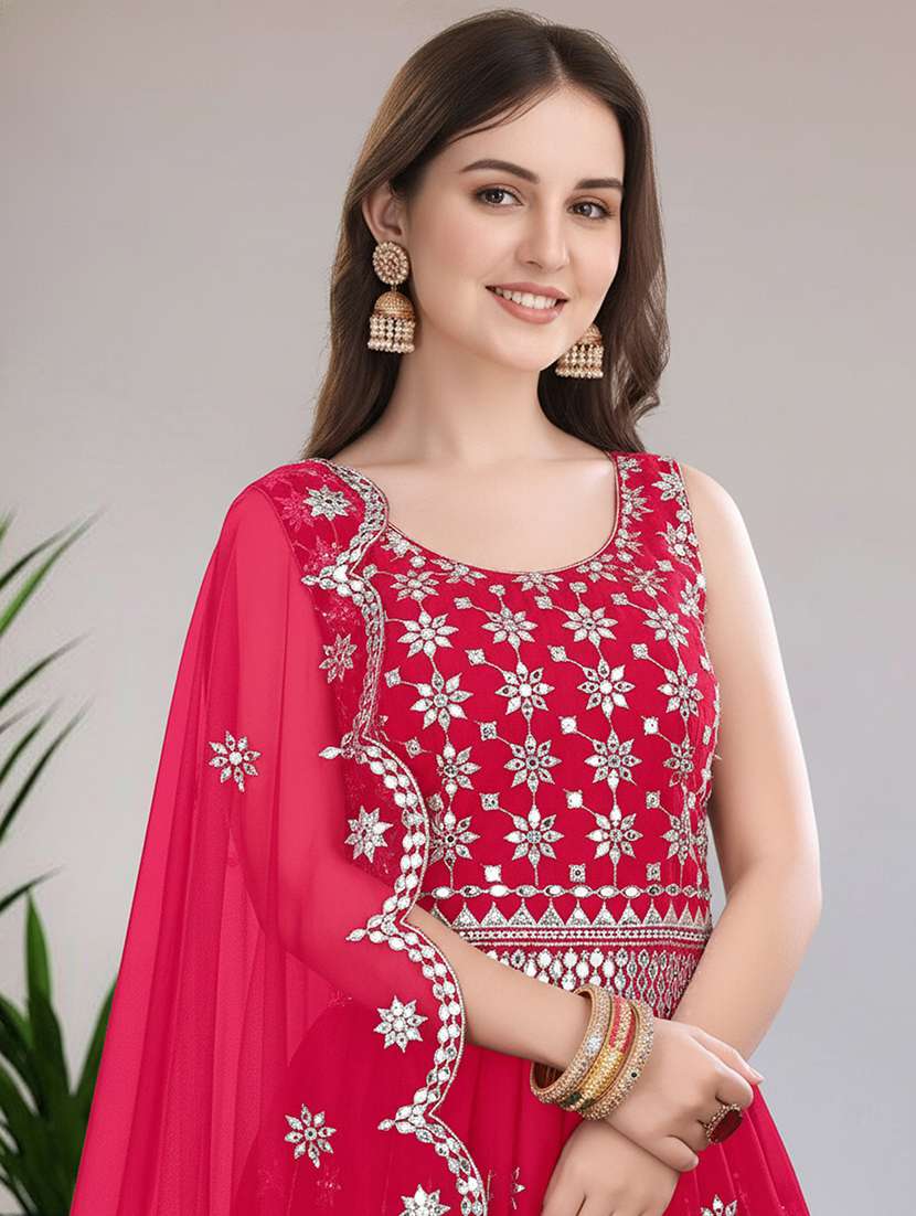 women solid with work semi stitched flared gown - 22271940 -  Standard Image - 4