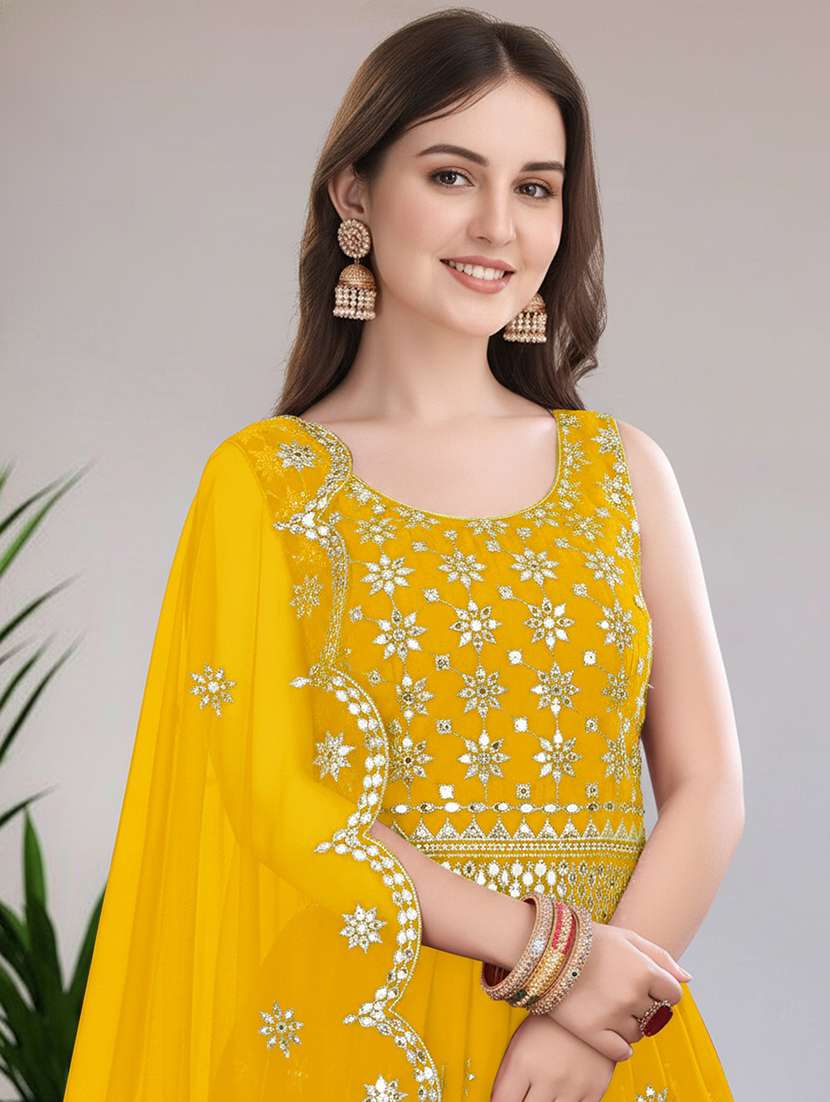 women solid with work semi stitched flared gown - 22271941 -  Standard Image - 4