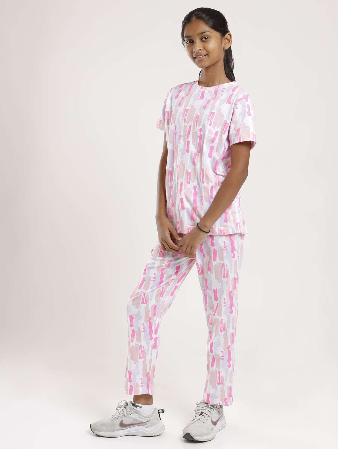 girls printed short sleeve full length set
