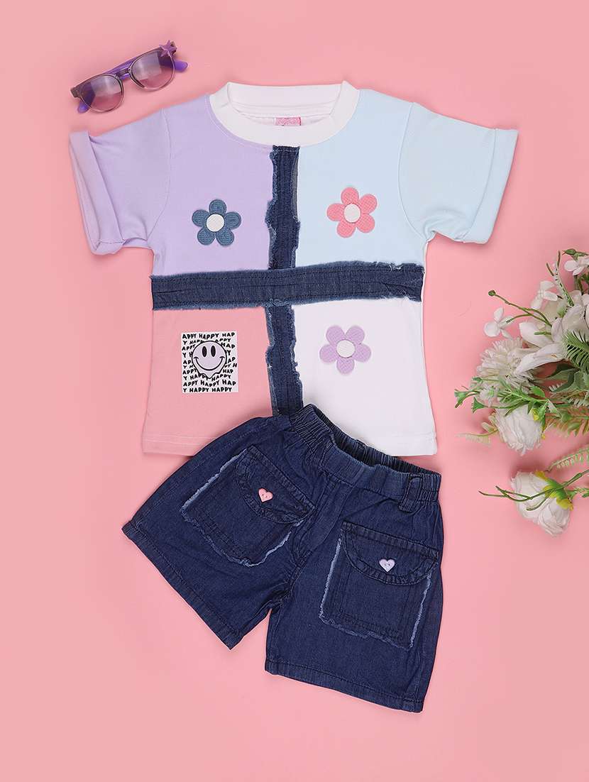 girls colourblocked round neck top and shorts set  - 22272619 -  Standard Image - 1