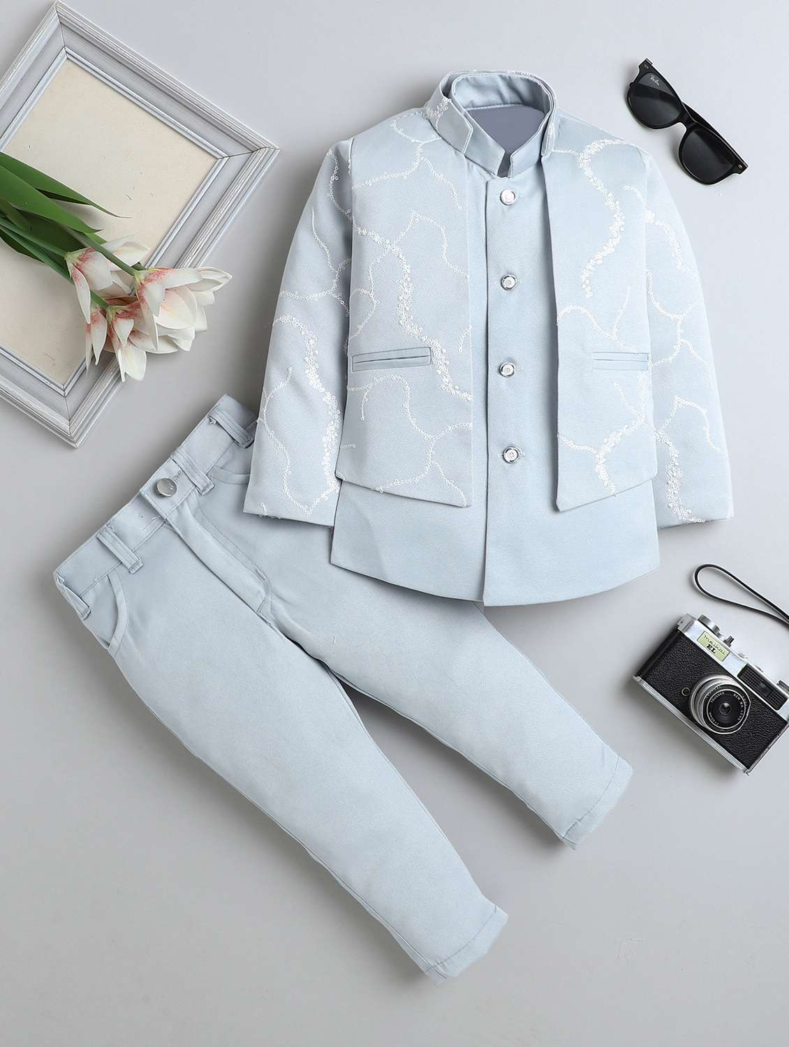 boys embroidered long sleeve sherwani set