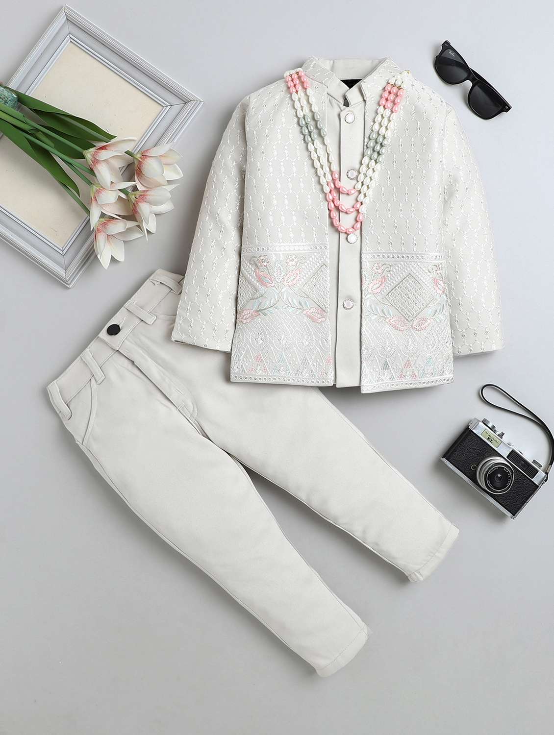 boys embroidered long sleeve sherwani set