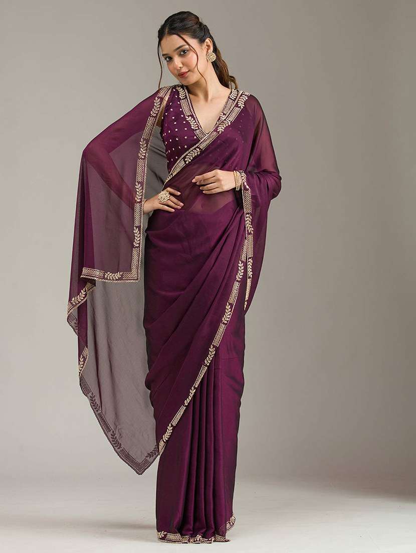 women solid with embellished bordered saree with blouse - 22272750 -  Standard Image - 1