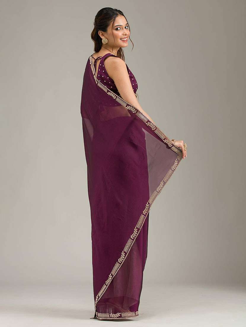 women solid with embellished bordered saree with blouse - 22272750 -  Standard Image - 4