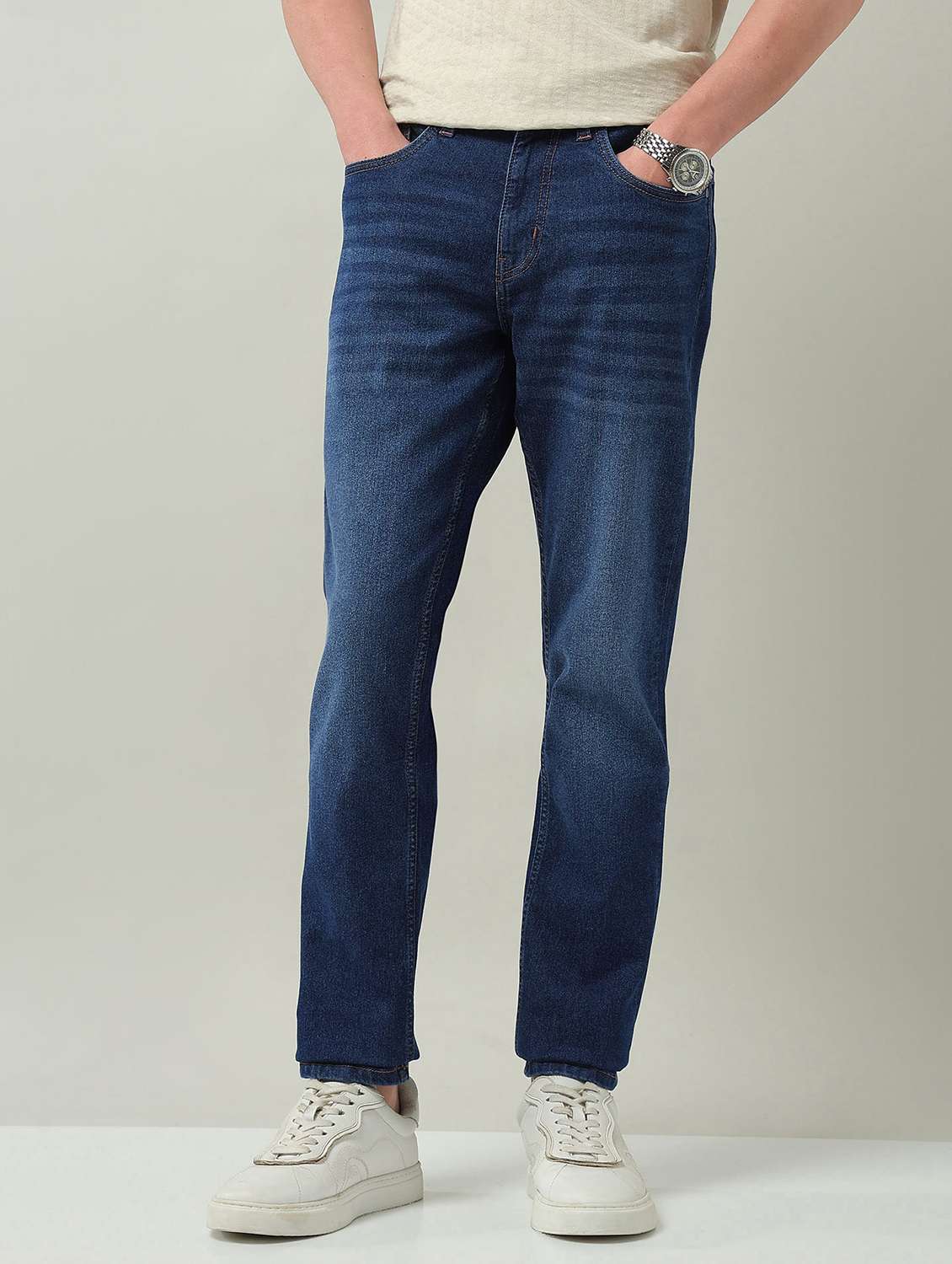 men washed mid rise full length slim fit jeans