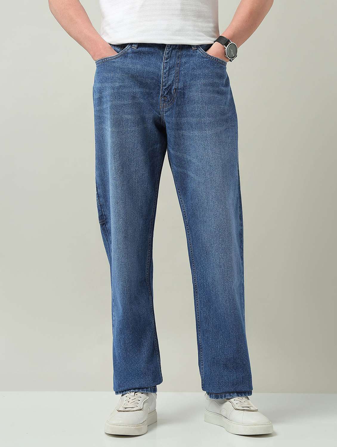 men washed mid rise full length baggy jeans