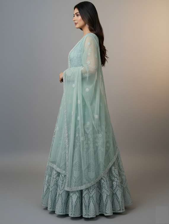 women solid with work semi stitched fit & flare gown - 22272890 -  Standard Image - 1