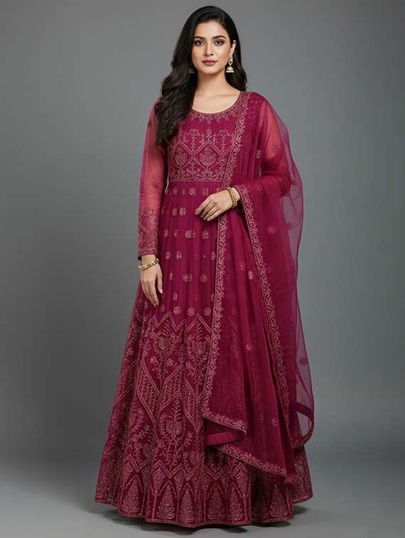 women solid with work semi stitched fit & flare gown - 22272891 -  Standard Image - 1