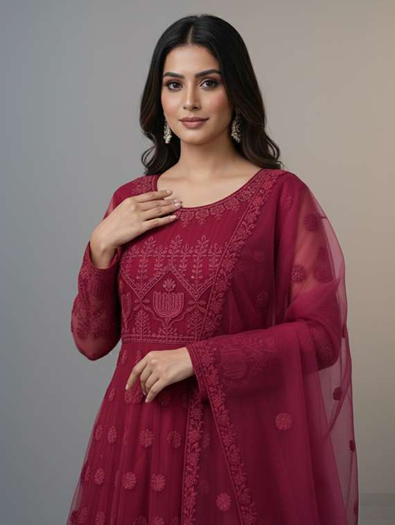 women solid with work semi stitched fit & flare gown - 22272891 -  Standard Image - 4