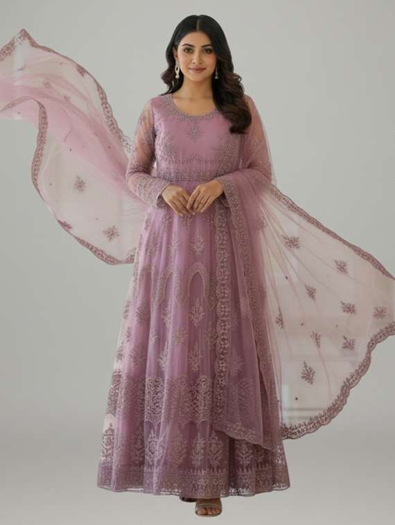 women solid with work semi stitched fit & flare gown - 22272892 -  Standard Image - 1