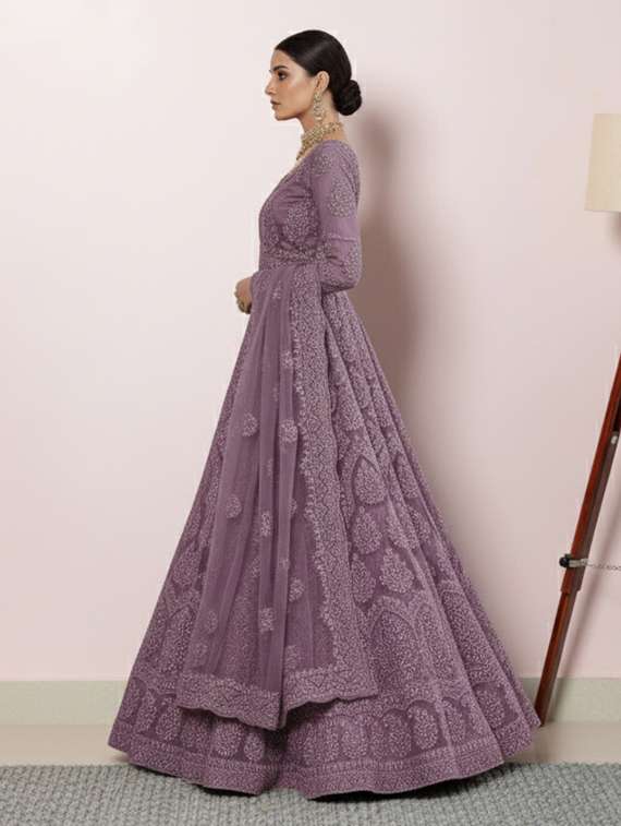 women solid with work semi stitched fit & flare gown - 22272893 -  Standard Image - 1