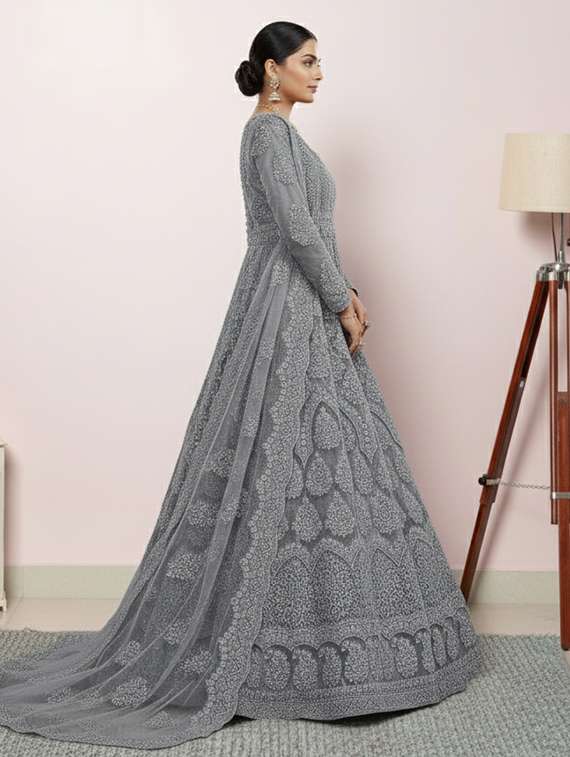 women solid with work semi stitched fit & flare gown - 22272894 -  Standard Image - 1