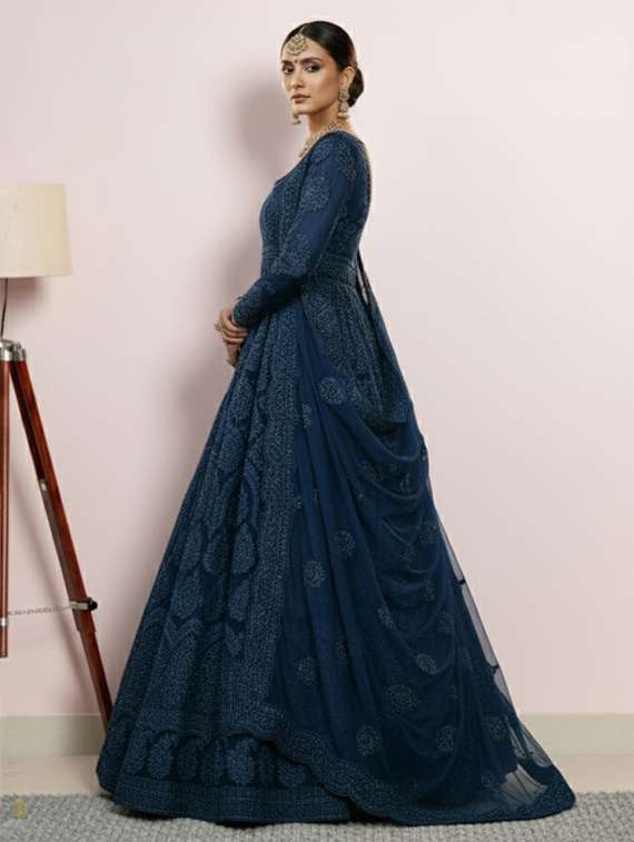 women solid with work semi stitched fit & flare gown - 22272895 -  Standard Image - 1