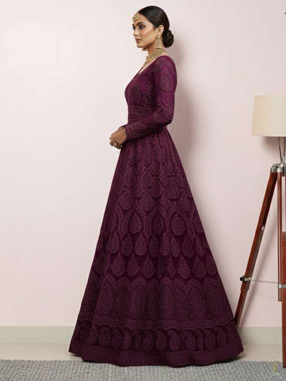 women solid with work semi stitched fit & flare gown - 22272896 -  Standard Image - 1