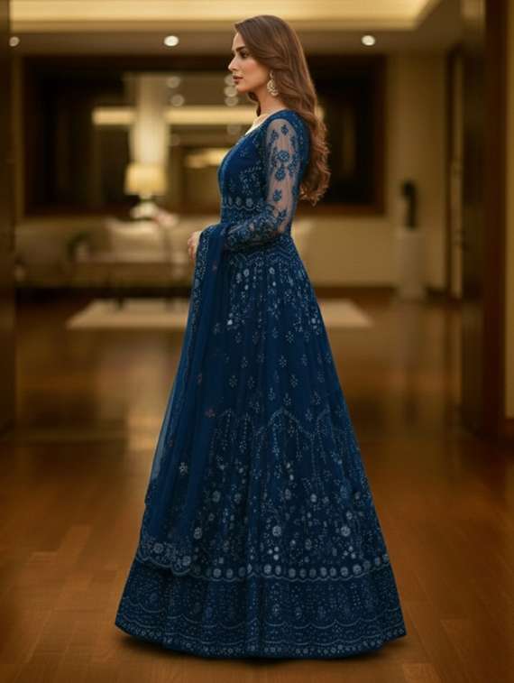 women solid with work semi stitched fit & flare gown - 22272902 -  Standard Image - 1