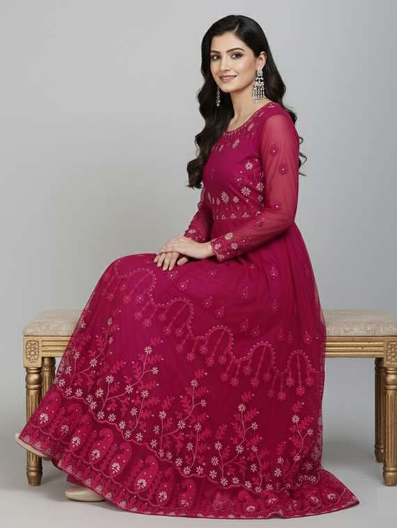 women solid with work semi stitched fit & flare gown - 22272903 -  Standard Image - 1