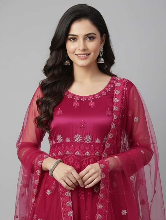 women solid with work semi stitched fit & flare gown - 22272903 -  Standard Image - 4