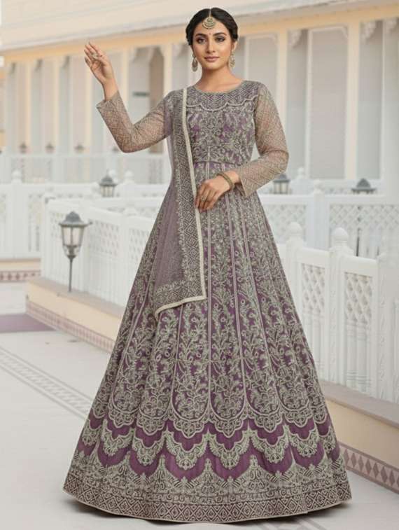 women solid with work semi stitched fit & flare gown - 22272904 -  Standard Image - 1