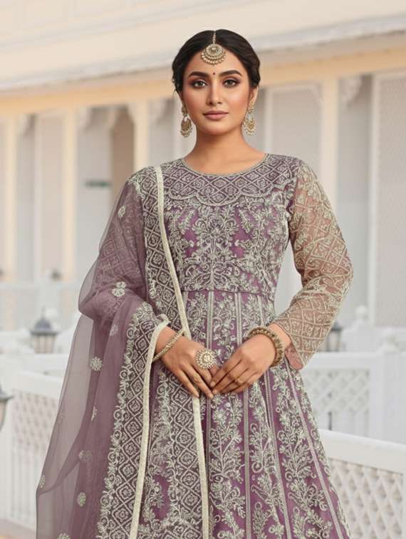 women solid with work semi stitched fit & flare gown - 22272904 -  Standard Image - 4