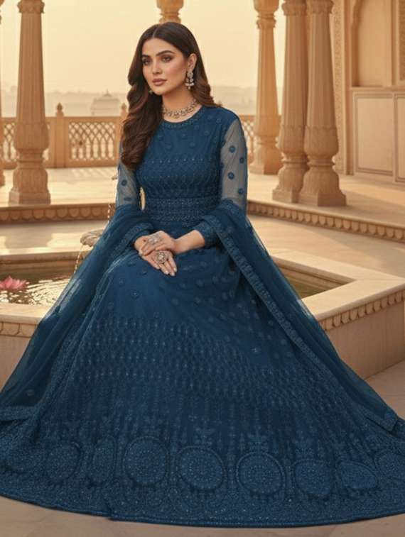 women solid with work semi stitched fit & flare gown - 22272905 -  Standard Image - 1