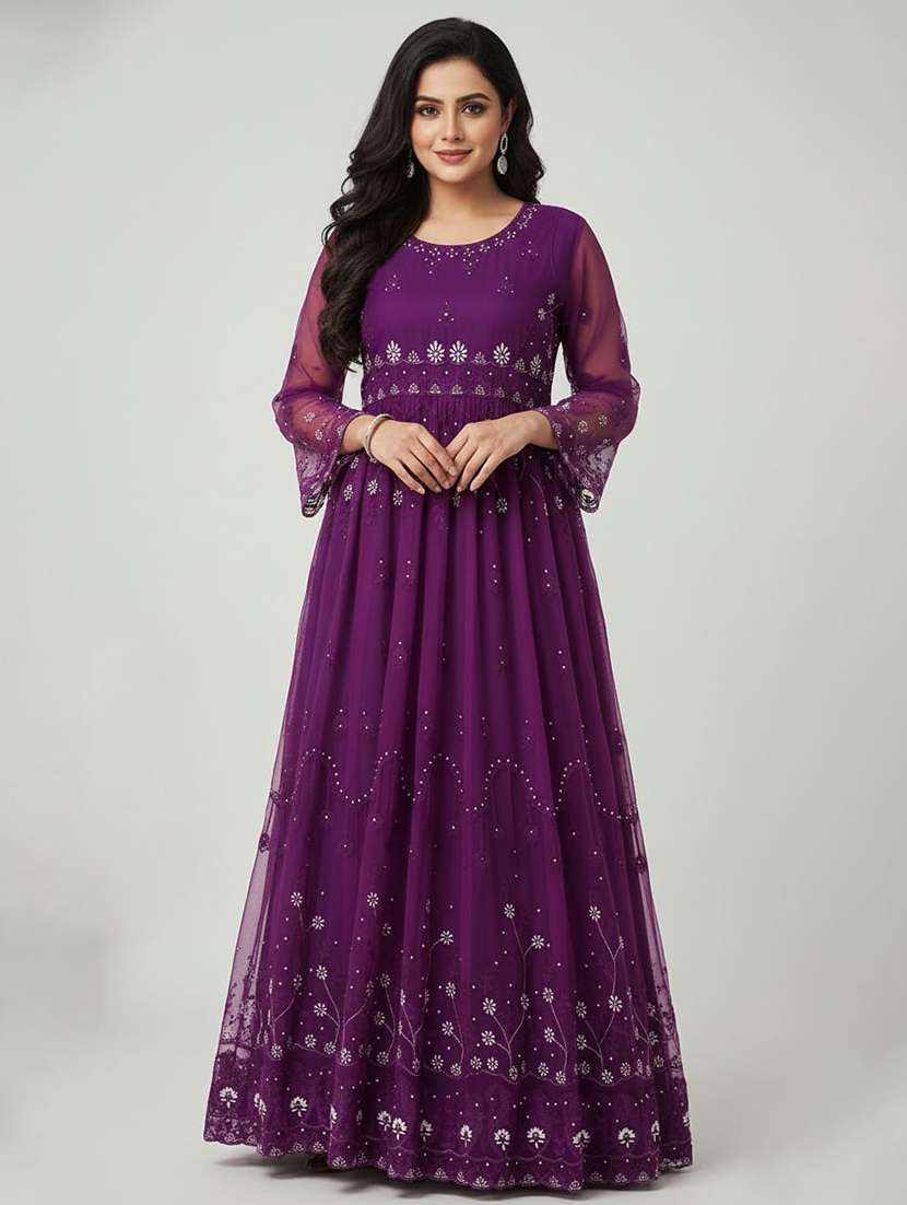 women solid with work semi stitched fit & flare gown - 22272908 -  Standard Image - 1