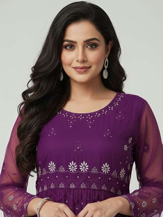 women solid with work semi stitched fit & flare gown - 22272908 -  Standard Image - 4