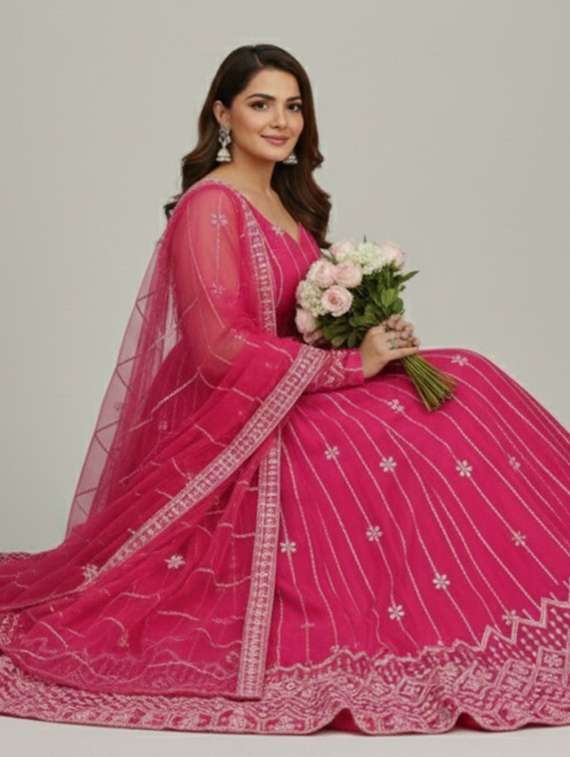 women solid with work semi stitched fit & flare gown - 22272909 -  Standard Image - 1