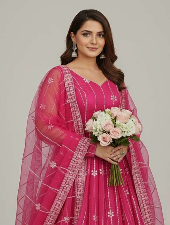 women solid with work semi stitched fit & flare gown - 22272909 -  Standard Image - 4