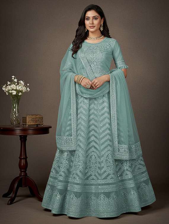 women solid with work semi stitched fit & flare gown - 22272912 -  Standard Image - 1