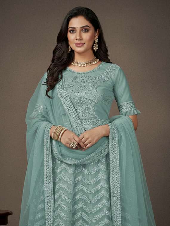 women solid with work semi stitched fit & flare gown - 22272912 -  Standard Image - 4