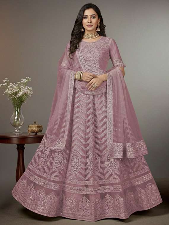 women solid with work semi stitched fit & flare gown - 22272913 -  Standard Image - 1