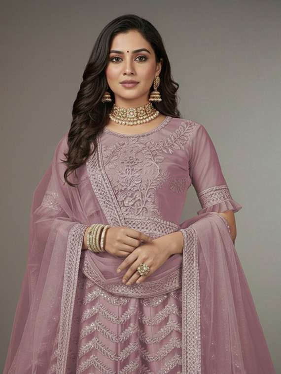 women solid with work semi stitched fit & flare gown - 22272913 -  Standard Image - 4