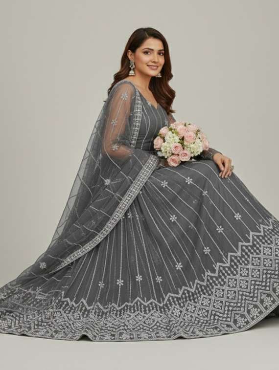 women solid with work semi stitched fit & flare gown - 22272914 -  Standard Image - 1