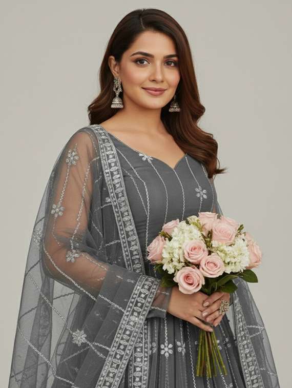 women solid with work semi stitched fit & flare gown - 22272914 -  Standard Image - 4