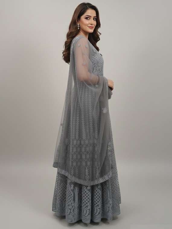 women solid with work semi stitched fit & flare gown - 22272915 -  Standard Image - 1