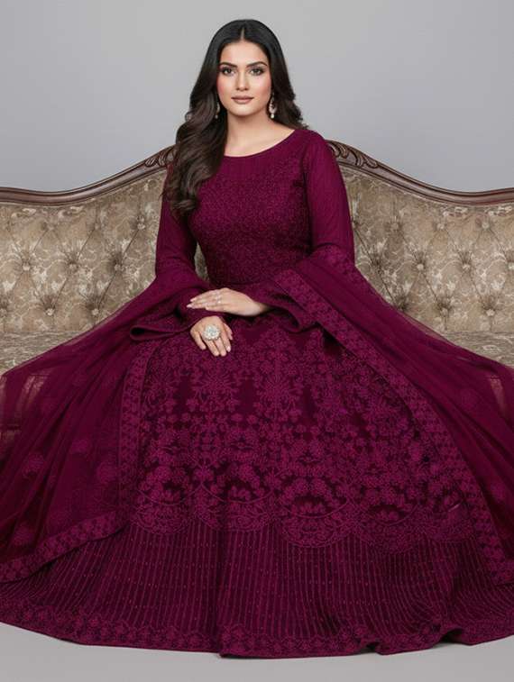 women solid with work semi stitched fit & flare gown - 22272917 -  Standard Image - 1