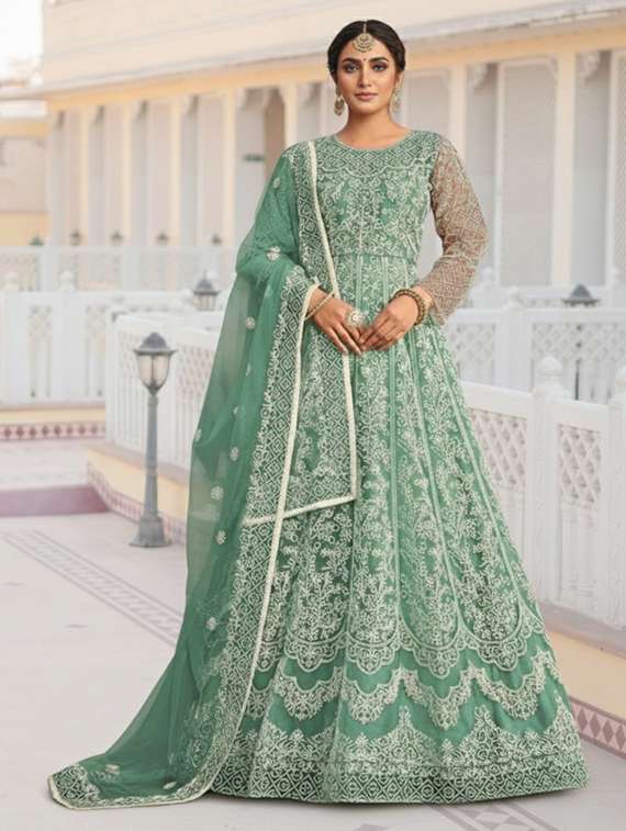 women solid with work semi stitched fit & flare gown - 22272918 -  Standard Image - 1