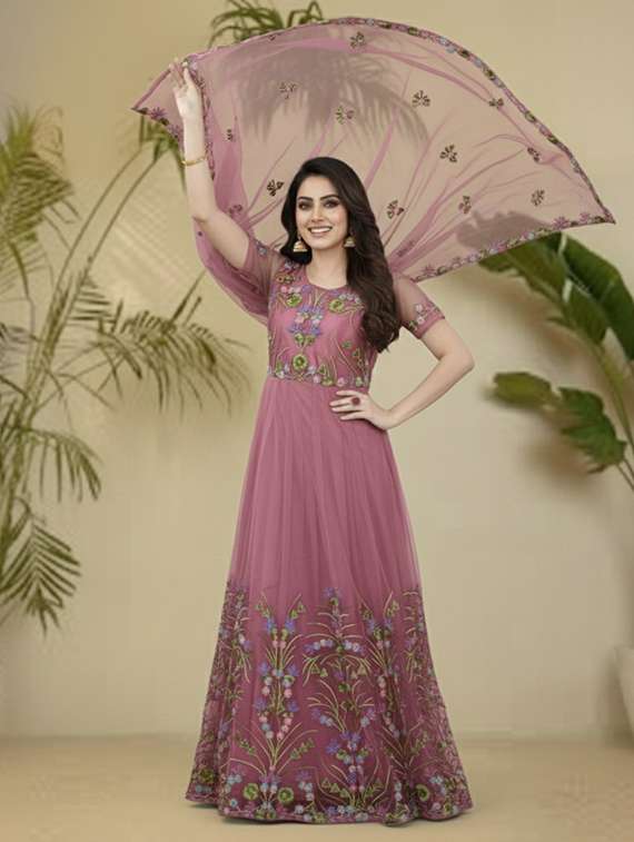 women solid with work semi stitched fit & flare gown - 22272920 -  Standard Image - 1