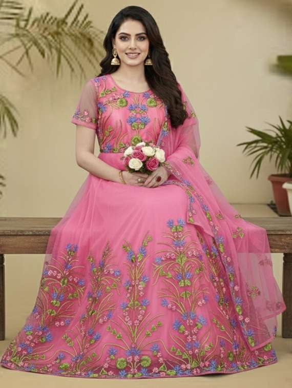 women solid with work semi stitched fit & flare gown - 22272921 -  Standard Image - 1