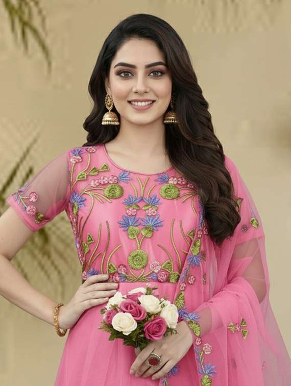 women solid with work semi stitched fit & flare gown - 22272921 -  Standard Image - 4