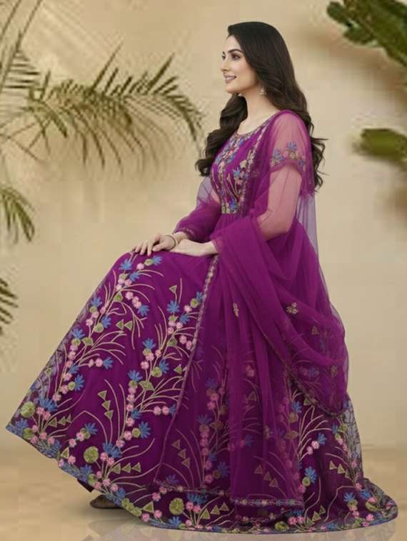 women solid with work semi stitched fit & flare gown - 22272922 -  Standard Image - 1