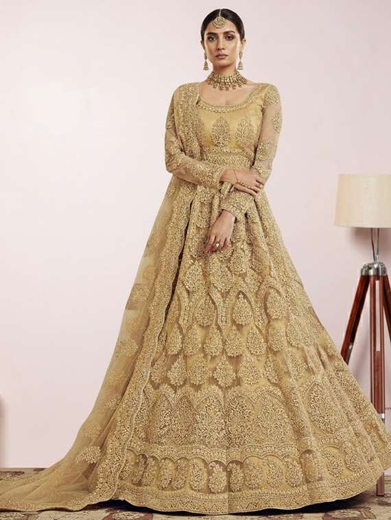 women solid with work semi stitched fit & flare gown - 22272924 -  Standard Image - 1