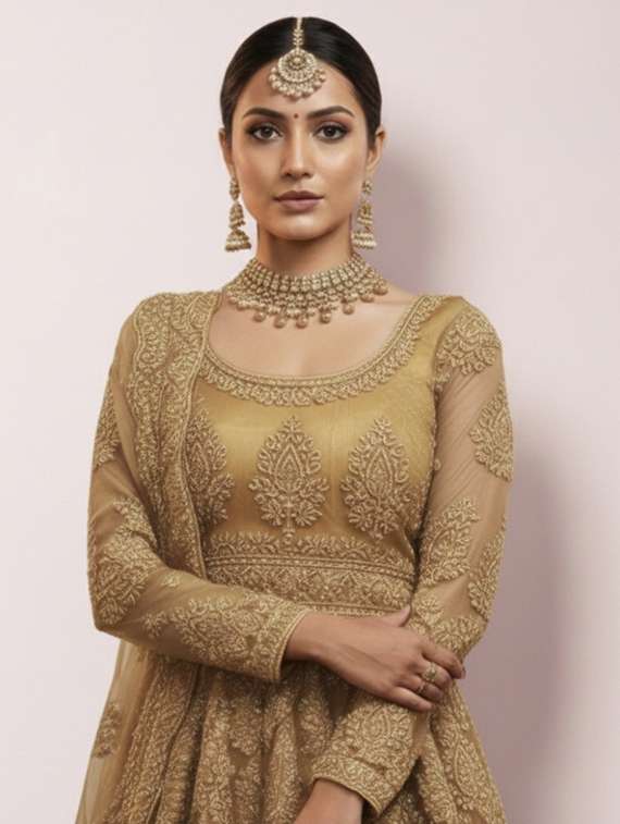 women solid with work semi stitched fit & flare gown - 22272924 -  Standard Image - 4