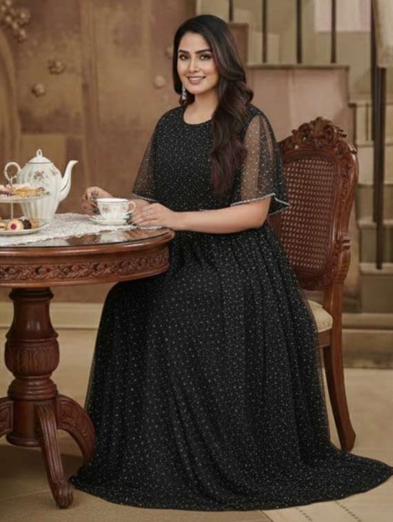 women solid with work semi stitched fit & flare gown - 22272925 -  Standard Image - 1