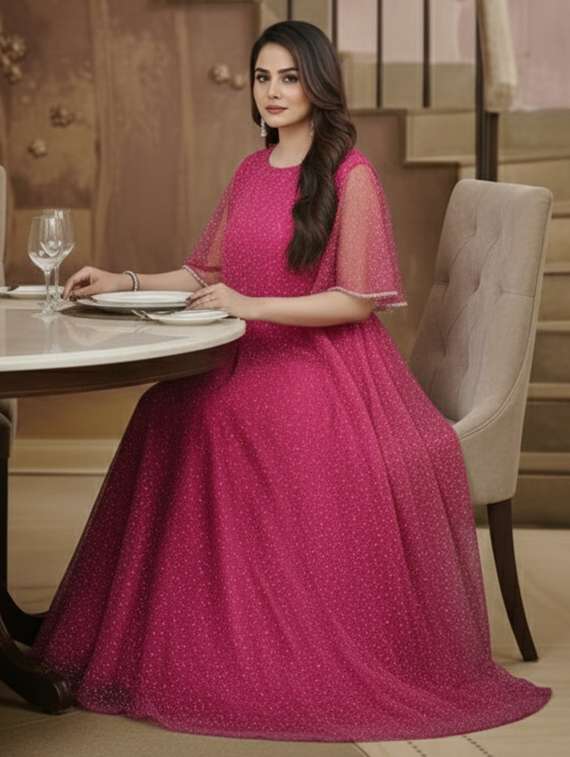 women solid with work semi stitched fit & flare gown - 22272926 -  Standard Image - 1