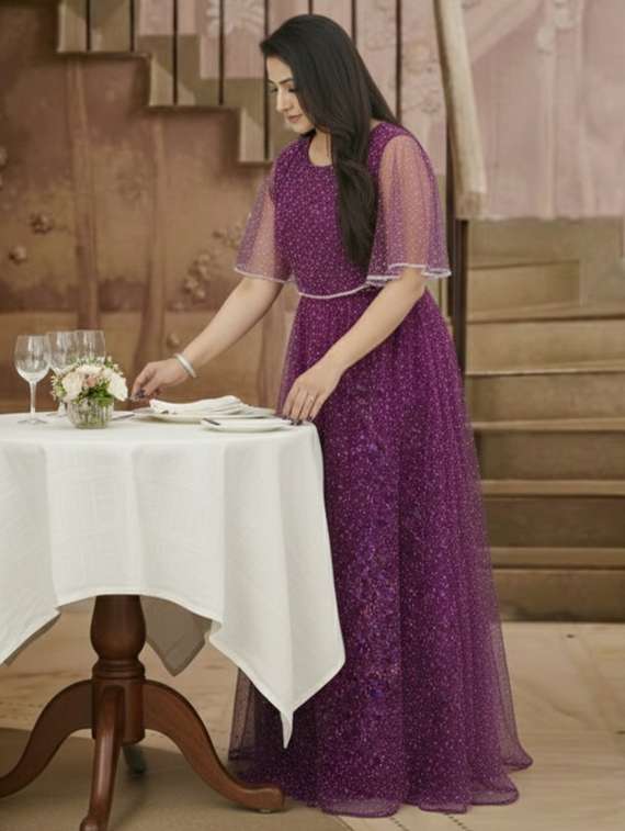 women solid with work semi stitched fit & flare gown - 22272928 -  Standard Image - 1