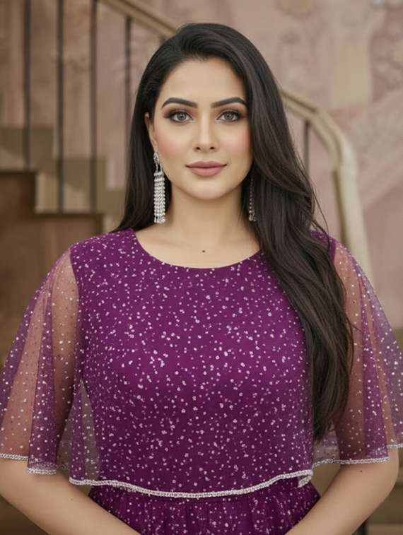 women solid with work semi stitched fit & flare gown - 22272928 -  Standard Image - 4