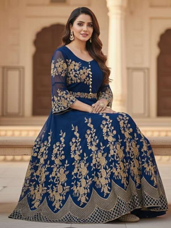 women solid with work semi stitched fit & flare gown - 22272930 -  Standard Image - 1