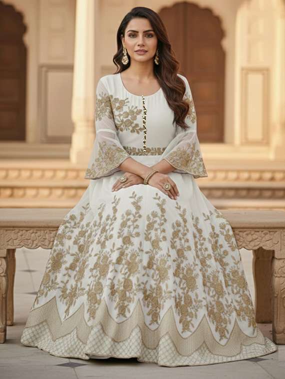 women solid with work semi stitched fit & flare gown - 22272932 -  Standard Image - 1